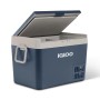 Geöffnete Igloo Kompressor-Kühlbox ICF60, 59 l, rauchblau. Tragbare Kühlbox für 12/24 V DC und 110 - 240 V AC.