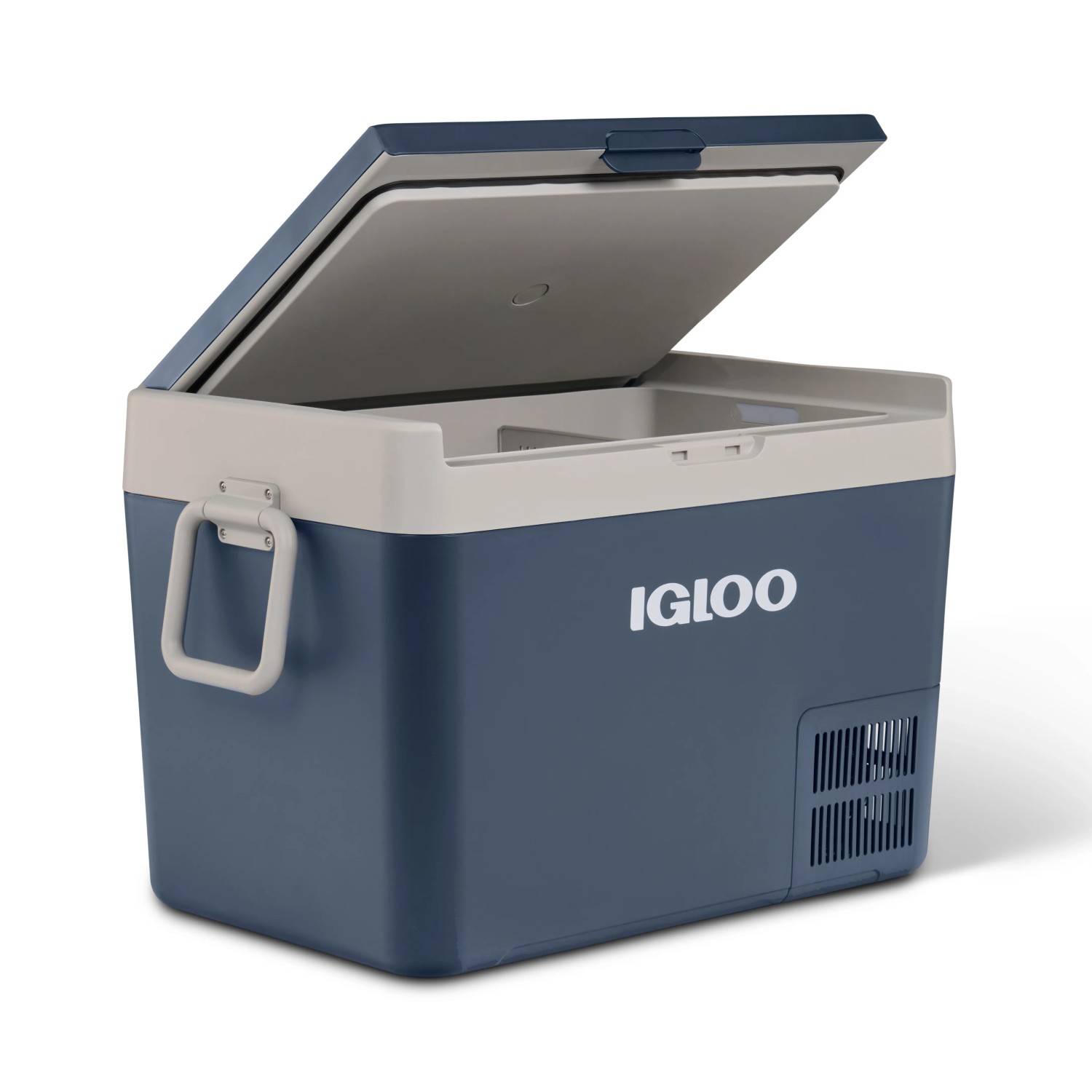 Geöffnete Igloo Kompressor-Kühlbox ICF60, 59 l, rauchblau. Tragbare Kühlbox für 12/24 V DC und 110 - 240 V AC.