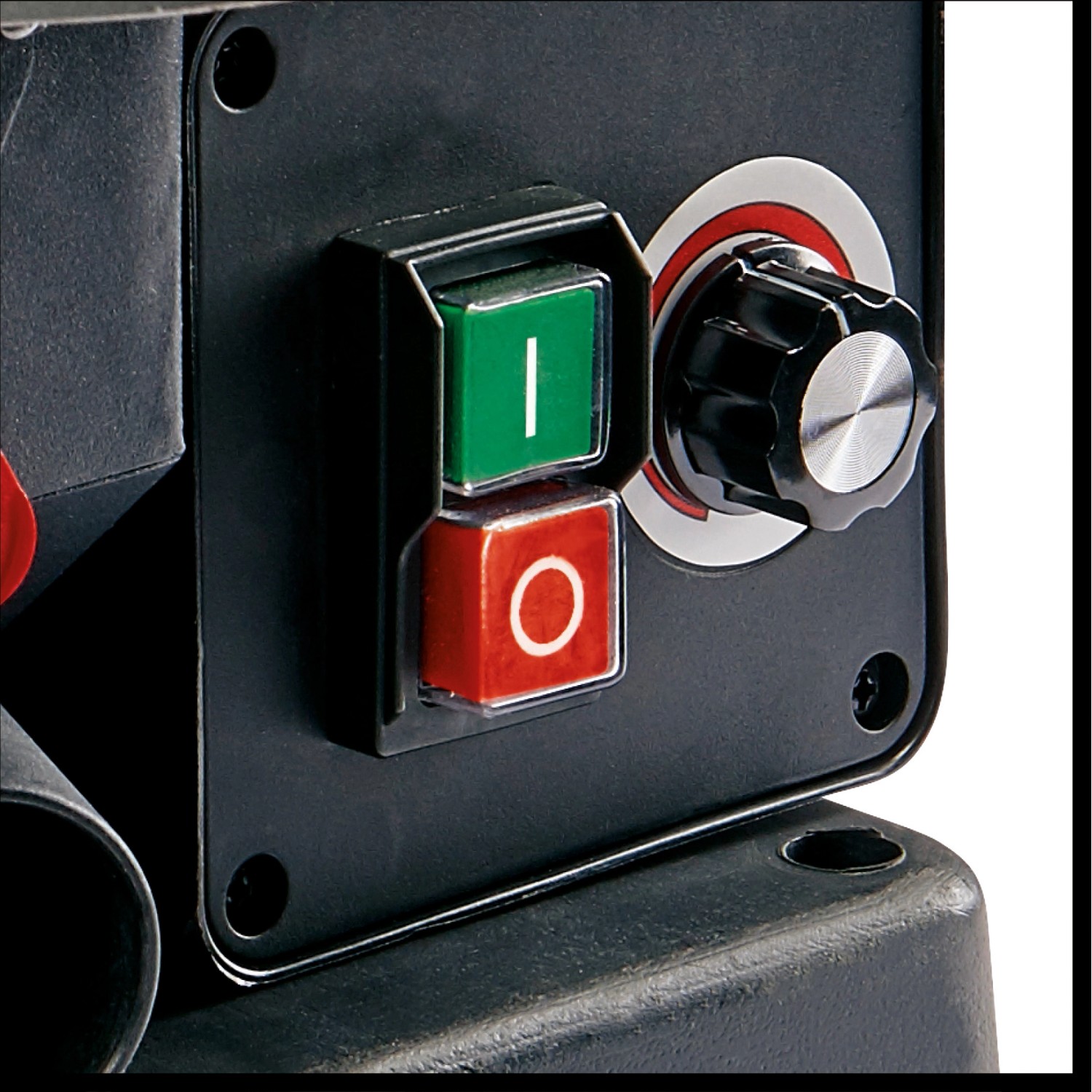 Detailaufnahme: Einhell TC-SS 405 E Dekupiersäge, Schalter und Drehknopf.