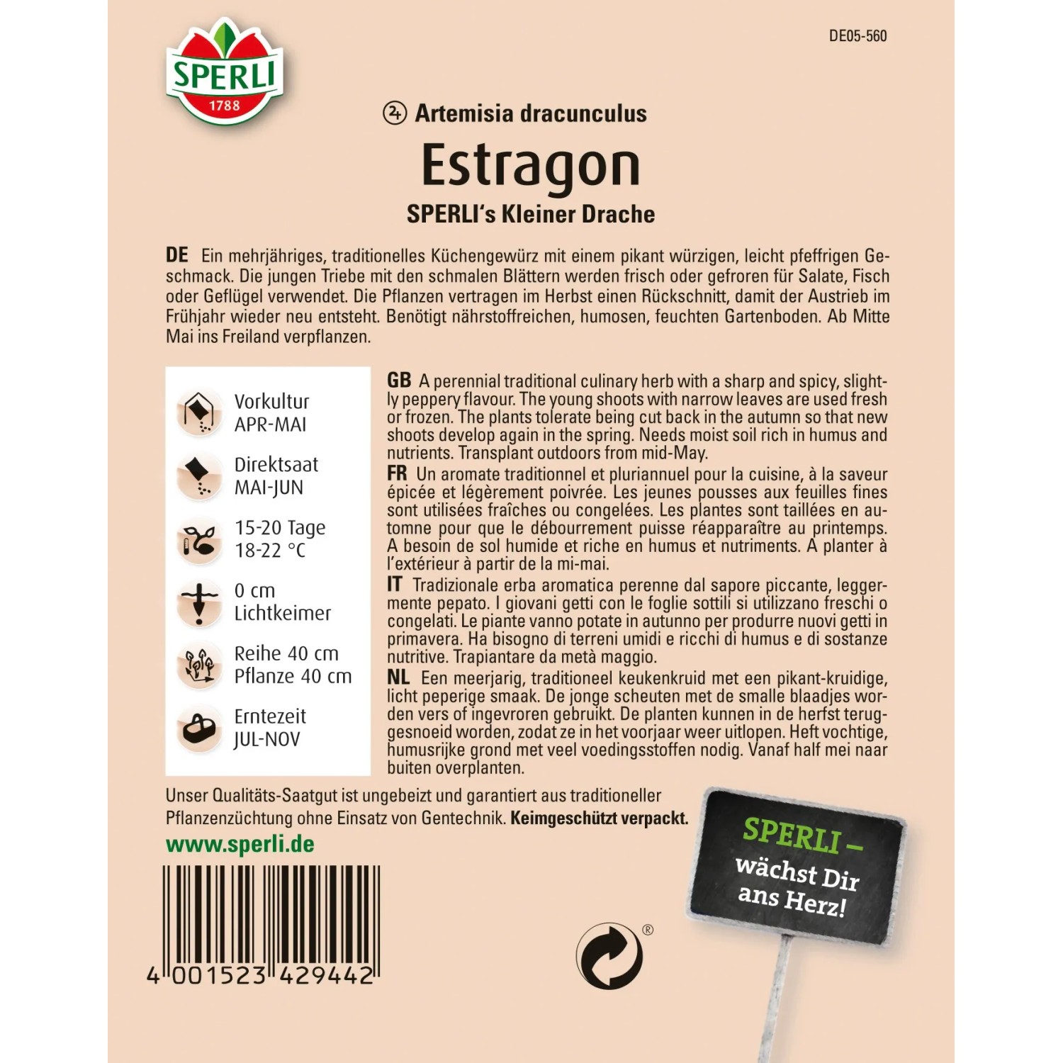 Sperli Estragon Samenpackung, mehrjähriges Küchenkraut für Garten und Balkon.