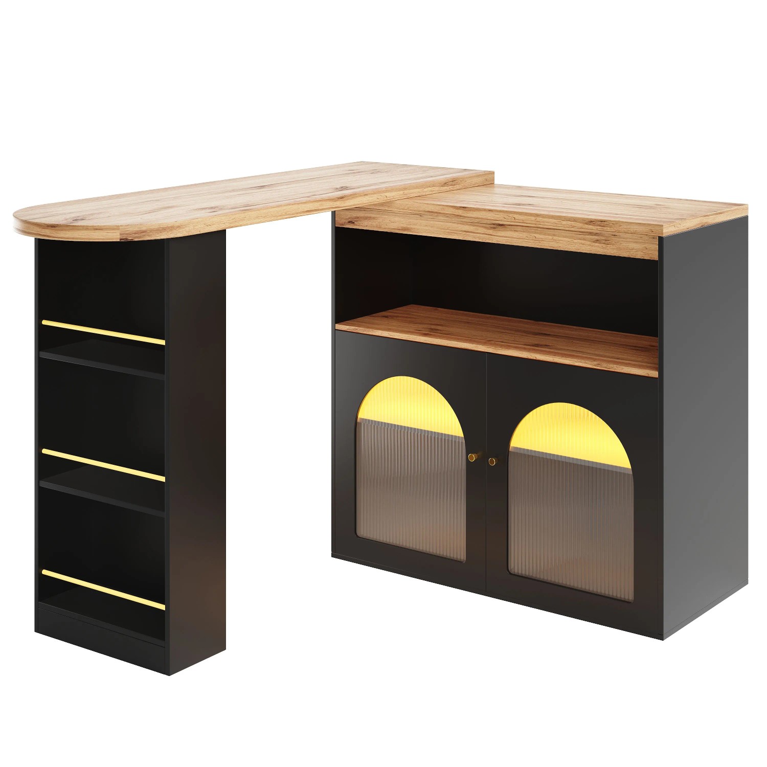 okwish Bartisch mit LED Beleuchtung Ausziehbar Stauraum 138-193x39x105cm Schwarz