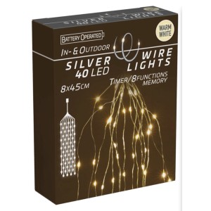 Verpackung der Silberdraht-Lichterkette Kaskade mit 40 warmweißen LEDs für Innen und Außen.