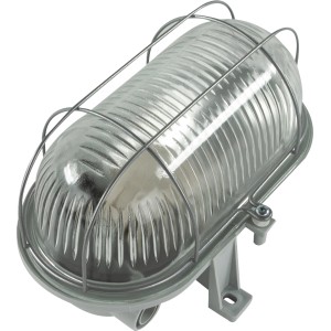 Graue REV Ritter Kellerlampe aus Kunststoff, 100W, mit Schutzkorb. Ideal als Wand- und Deckenleuchte.