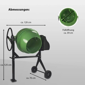 TRUTZHOLM Betonmischer 140L, grüne Trommel, schwarzes Gestell mit Rädern und Maßangaben.