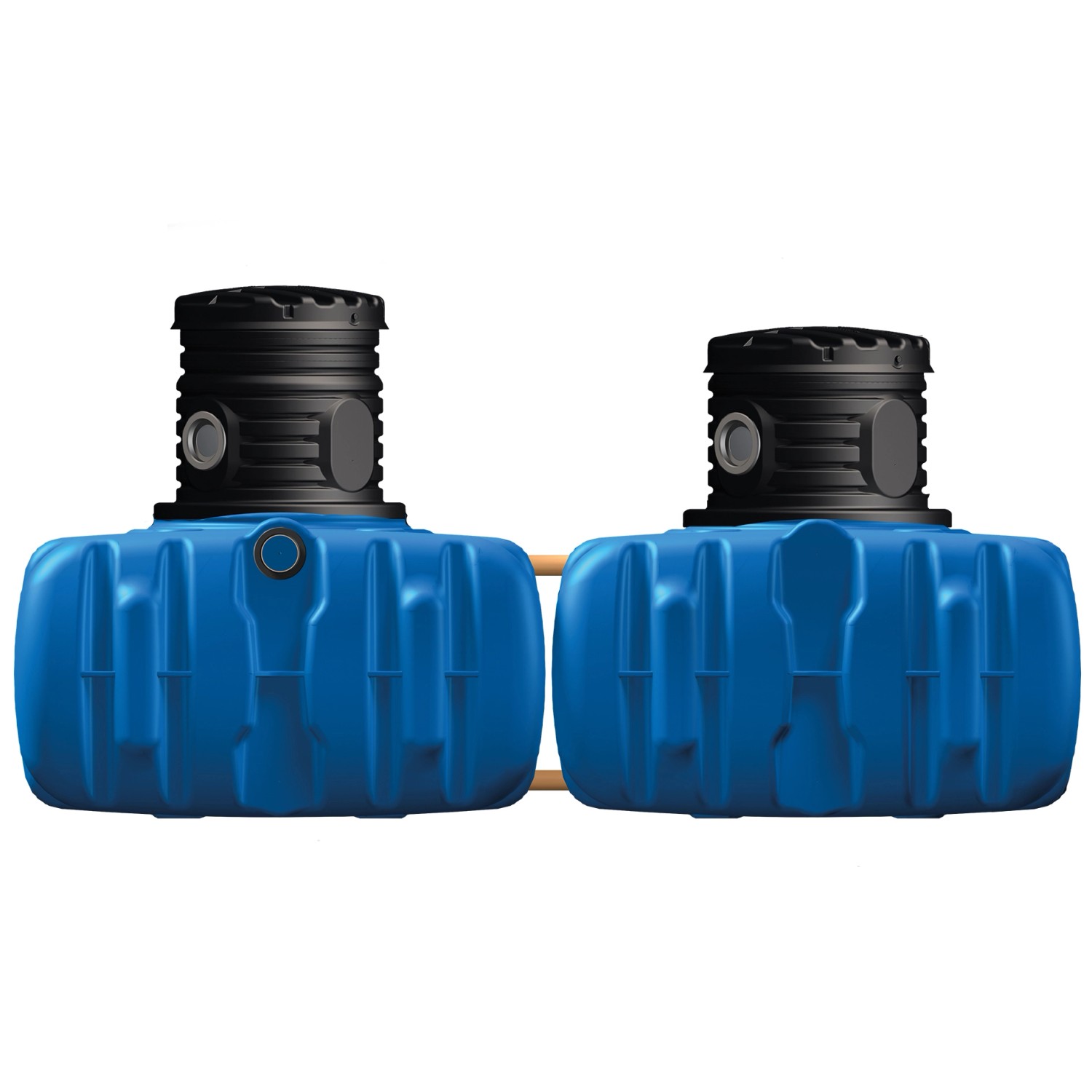 4rain Flachtank Flat S 3.000 l: Zwei blaue Erdtanks mit schwarzer Schachtverlängerung und Tankabdeckung.