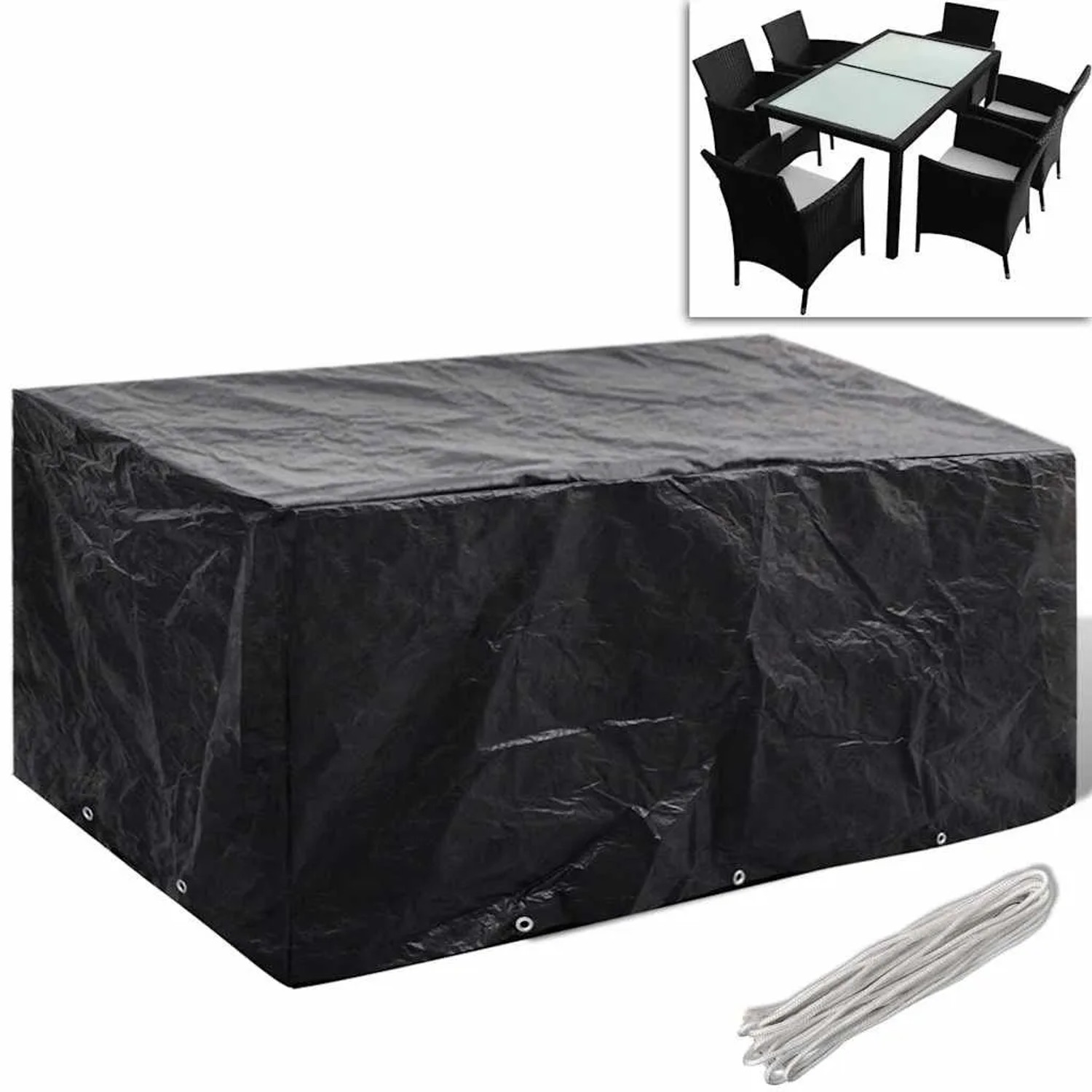 Schwarze vidaXL Gartenmöbel-Abdeckung 240x140x90 cm mit Aluminiumösen und Befestigungsseil. Schützt Outdoor-Möbel.