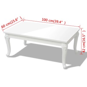 Rechteckiger, weißer Hochglanz-Couchtisch (100x60x42 cm) mit verzierten Beinen.