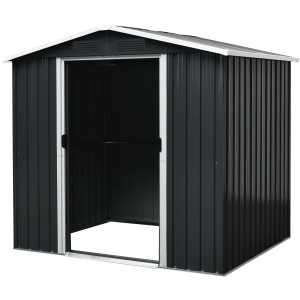 Pergart Metall-Gerätehaus Düsseldorf, grau-creme, mit offener Tür. Gerätehäuser für den Garten.
