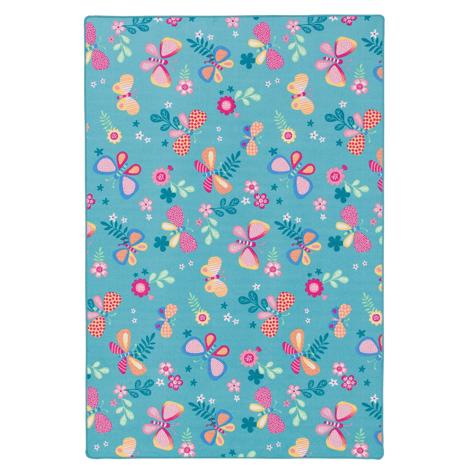 Türkiser Kinderteppich (100x100cm) mit Schmetterlingen und Blumen.