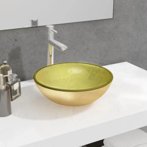 Goldenes Waschbecken aus Hartglas, rund, 35x12 cm, auf einem weißen Waschtisch.
