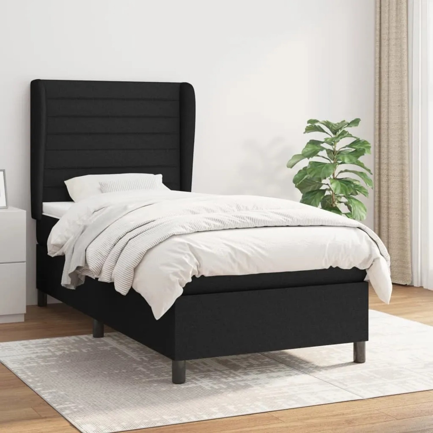 Schwarzes vidaXL Boxspringbett (90x190 cm) mit Matratze und hohem Kopfteil.