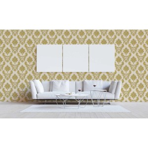 Barock Tapete Jacopo in Creme und Gold mit Ornamenten im Wohnzimmer.