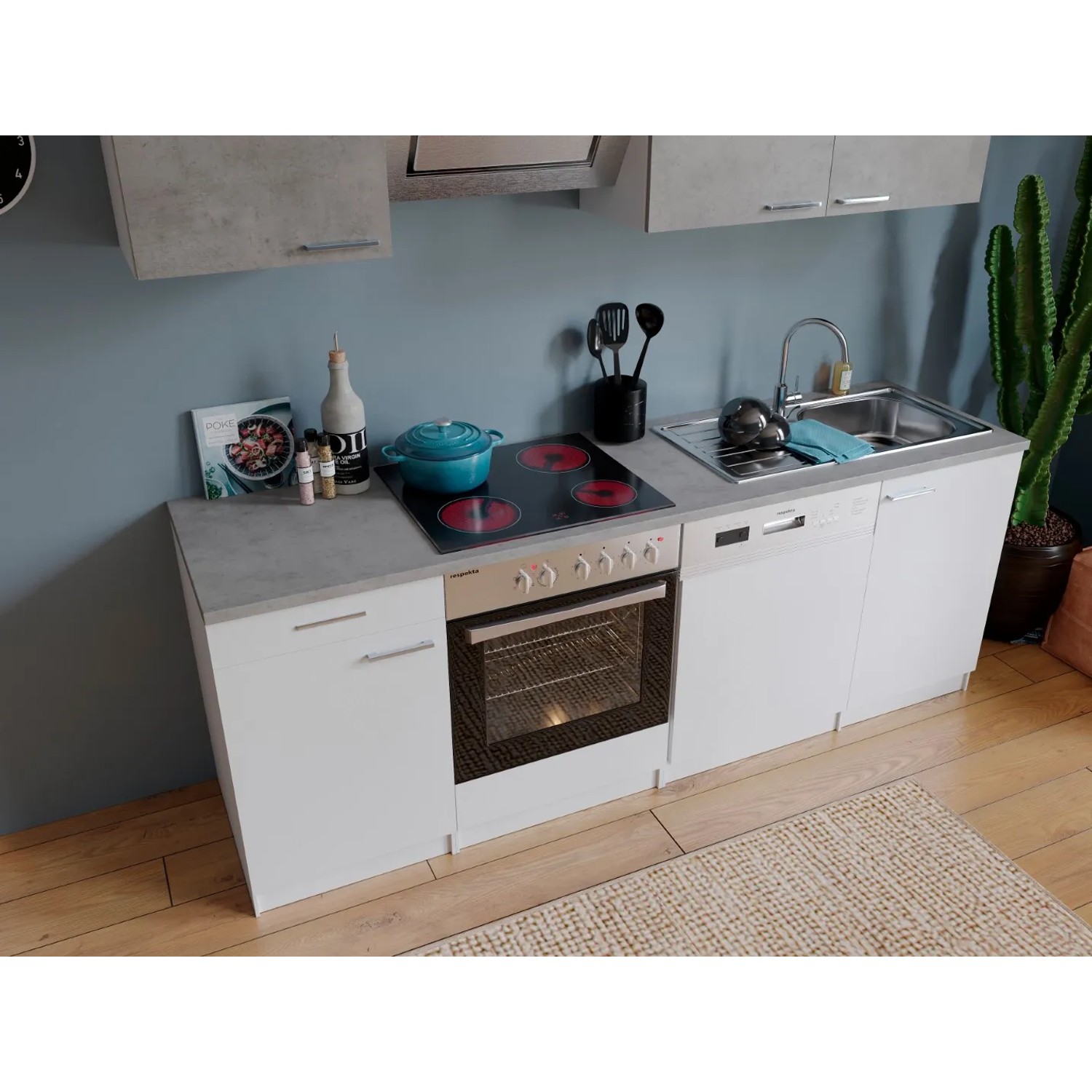 Respekta Economy Küchenzeile KB220WWBSC, 220 cm, Weiß und Beton Optik mit E-Geräten.