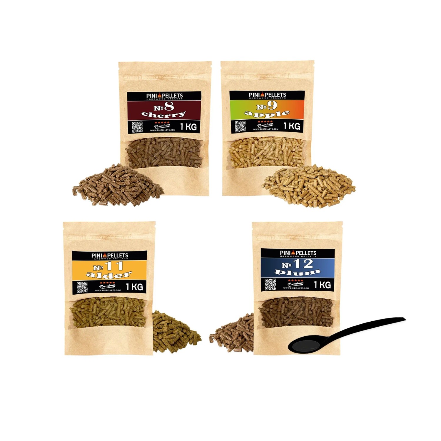 PINI Naturholzpellets Set 4 x 1 kg für Smoker & Räucherofen - Kirschen Nr 8 / Apfel Nr 9 / Erlen Nr 11 / Pflaumen Nr 12 - Natürliches Raucharoma