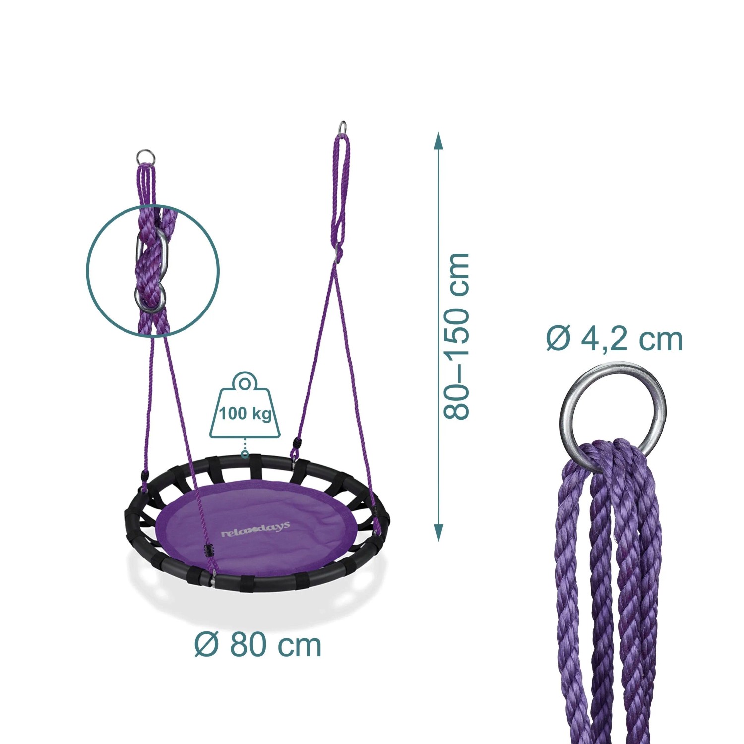 Lila Relaxdays Nestschaukel mit schwarzem Stahlrahmen, 80 cm Durchmesser, höhenverstellbare Seile, 100 kg Tragkraft.