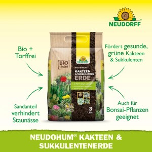 Neudorff Neudohum Kakteen- und Sukkulentenerde, 3 Liter Sack, torffrei und biologisch.
