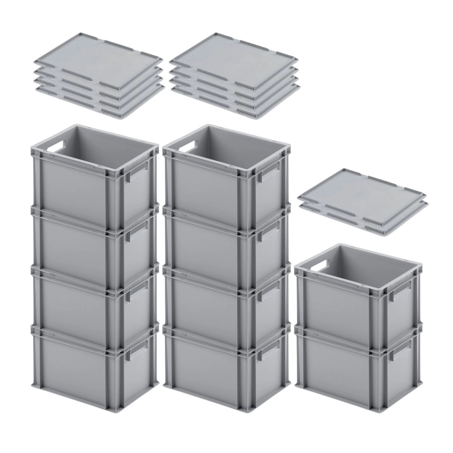 SuperSparSet 10 x Eurobehälter Mit Offenem Griff und Auflagedeckel HxBxT 23,5 x 30 x 40 cm 22 Liter Grau Eurobox Transpo...