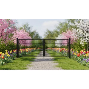 Moosgrünes GEWA Doppelstabmattentor, 3m breit, 1,6m hoch, mit Pfosten, in blühendem Garten. Robustes Zauntor.