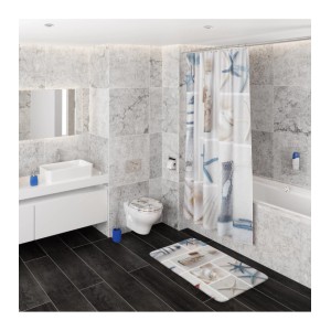 Badezimmer mit Sanilo Badewannenstöpsel Meeresbrise, passender Duschvorhang und Badematte mit maritimen Motiven.