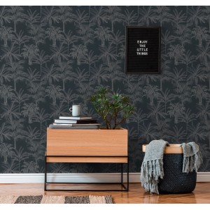 Michalsky Living Vliestapete Change mit Palmenmuster in Schwarz und Grau.