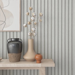 Marburg Vliestapete Botanica 2, Holzoptik grau-beige, Streifenmuster an Wand mit Deko.