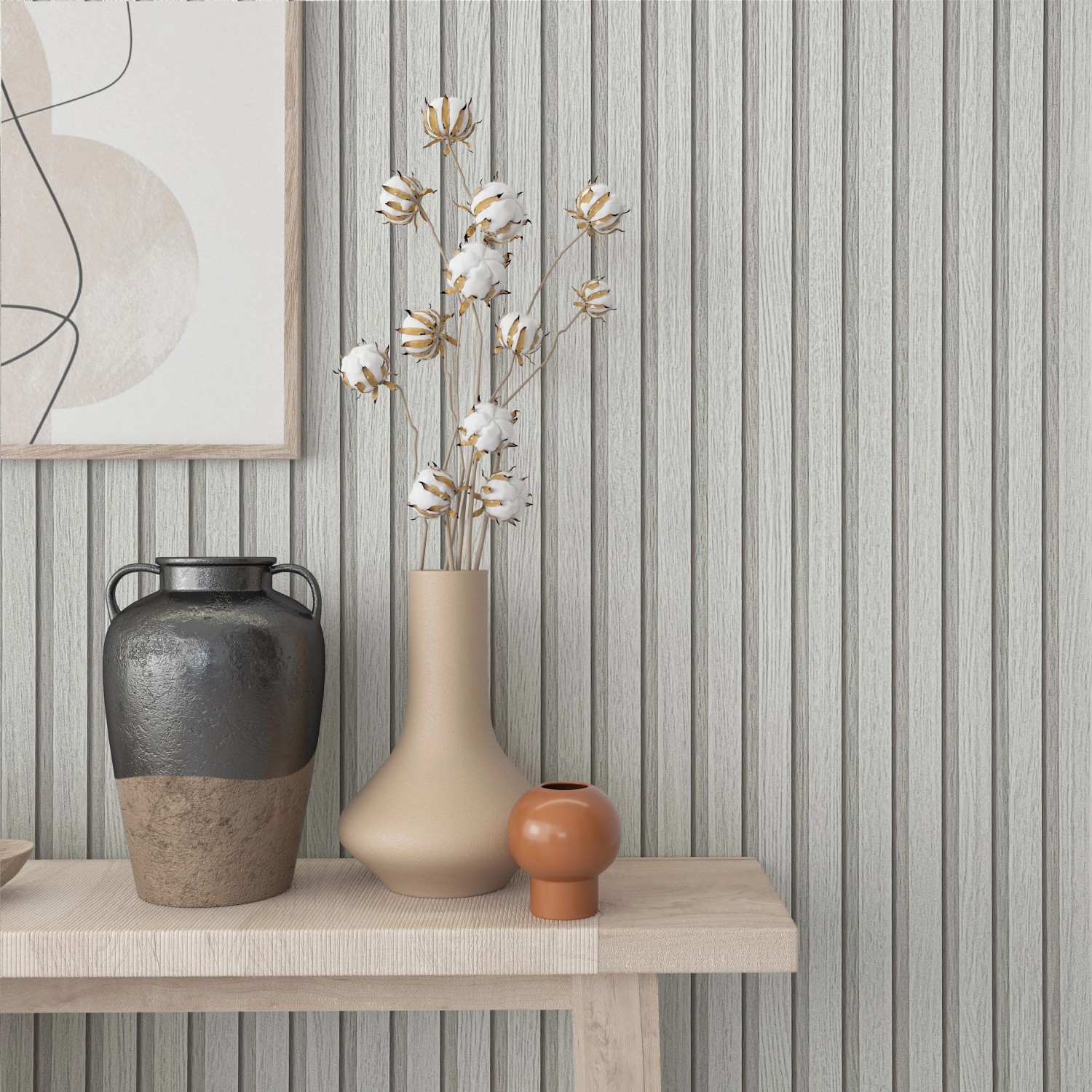 Marburg Vliestapete Botanica 2, Holzoptik grau-beige, Streifenmuster an Wand mit Deko.