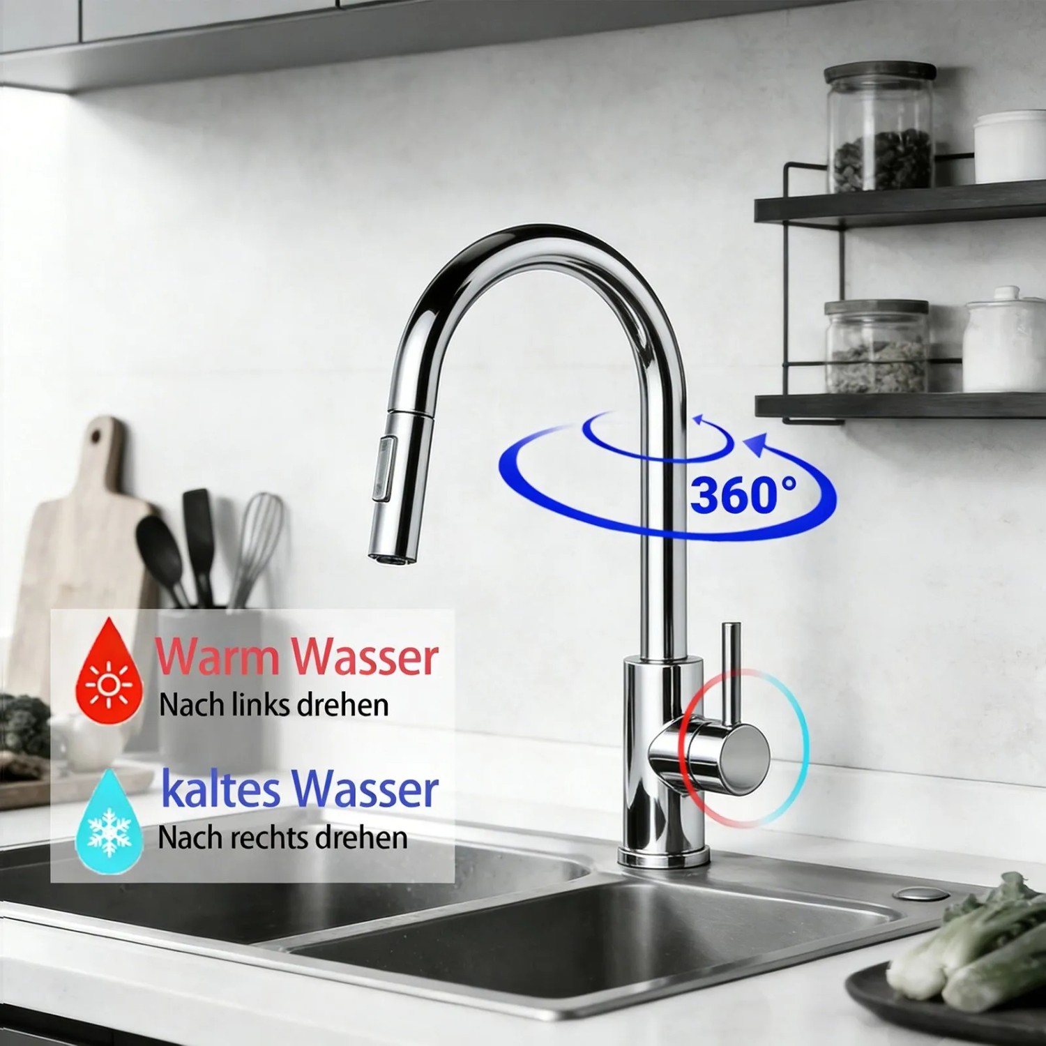 AICA Spültischarmatur Chrom mit ausziehbarer Brause und 360° Drehung.