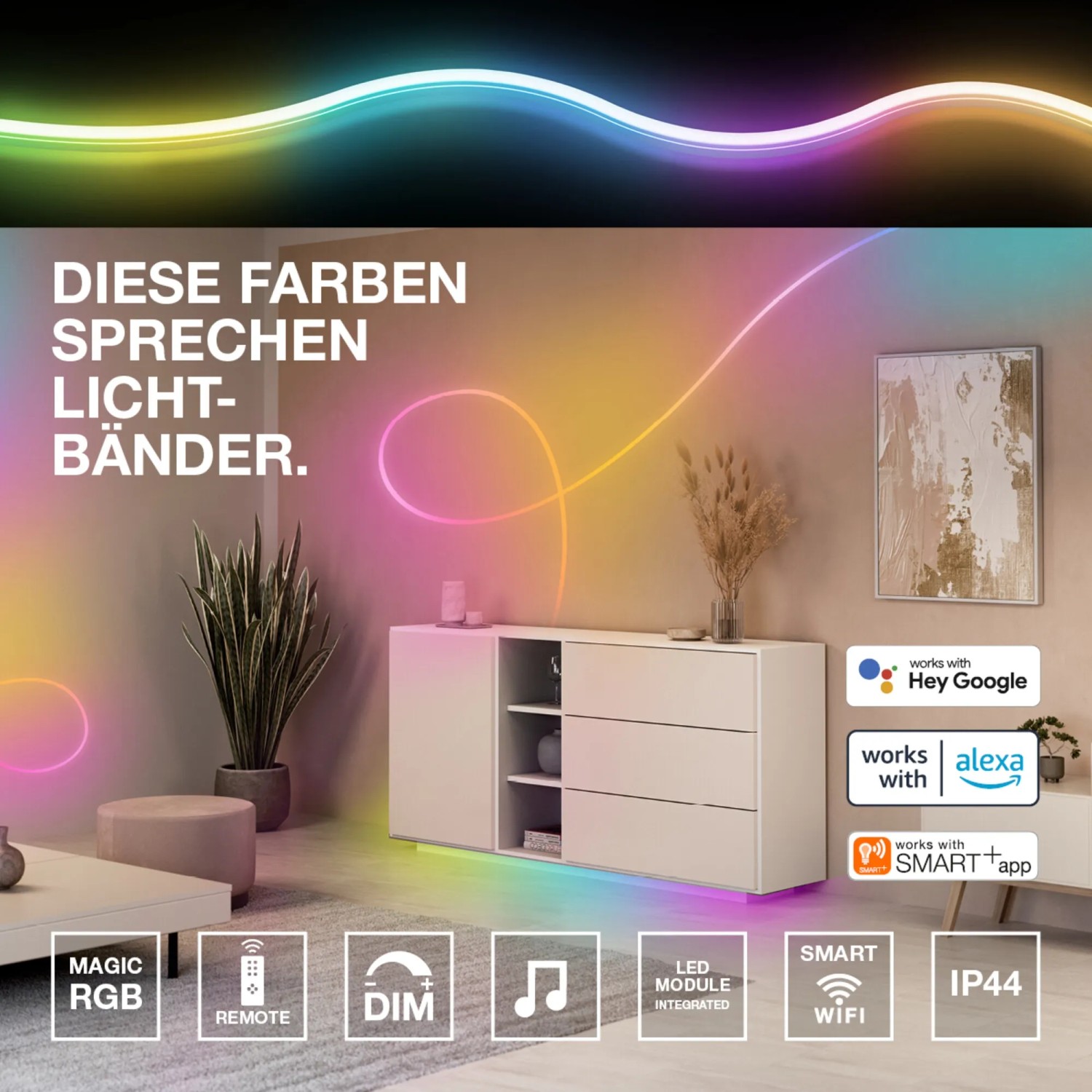 Flexibler Ledvance Smart LED-Streifen Neon Flex RGB mit Fernbedienung, ideal für stimmungsvolle Beleuchtung.