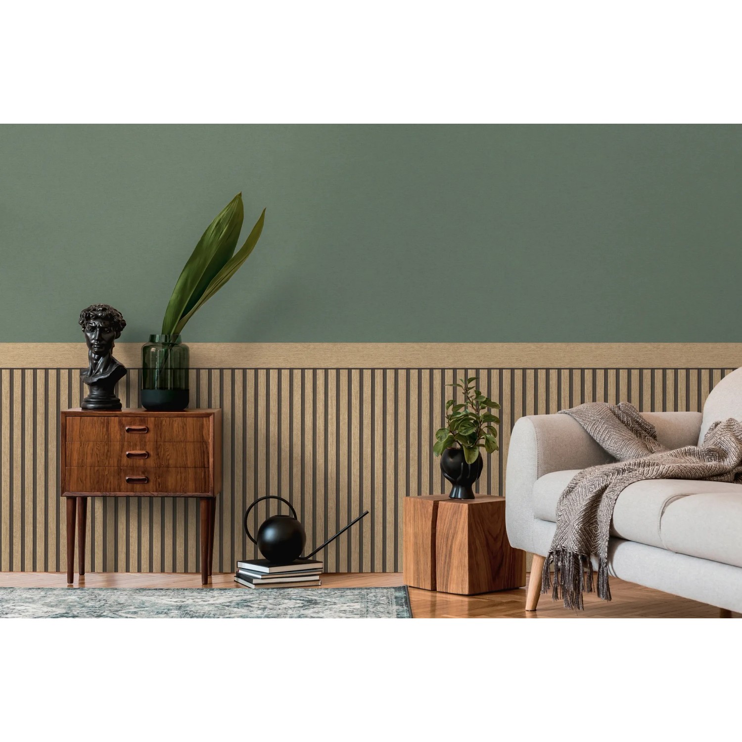A.S. Creation Vliestapete Wallpanel in Braun-Schwarz mit 3D Holzoptik im Wohnraum.