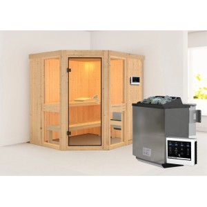 Karibu Sauna Anina 1 mit Bio-Ofen und externer Steuerung aus naturbelassener Fichte.