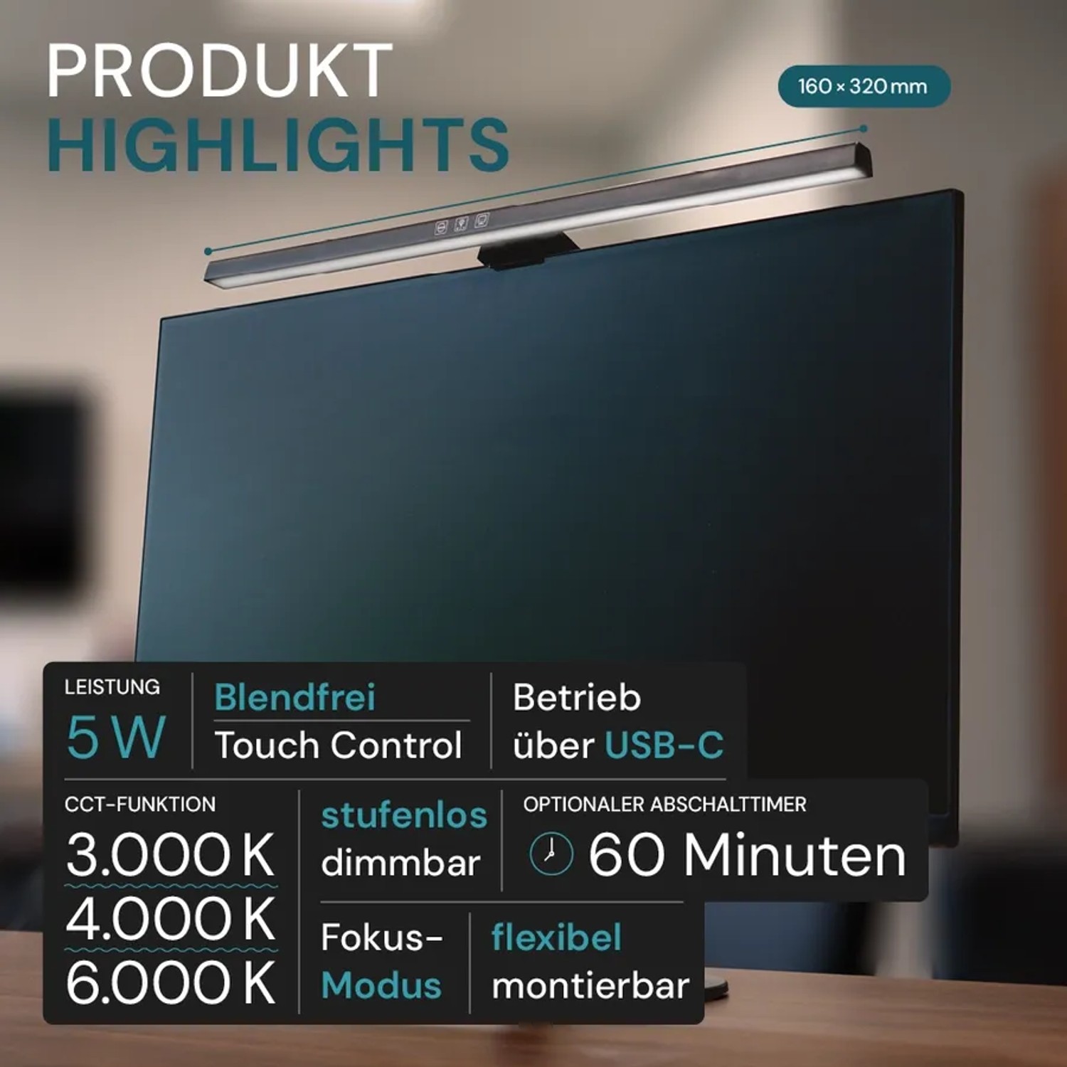 Schwarze LUXULA Monitorleuchte mit Dimmfunktion und CCT-Licht am Bildschirm befestigt.