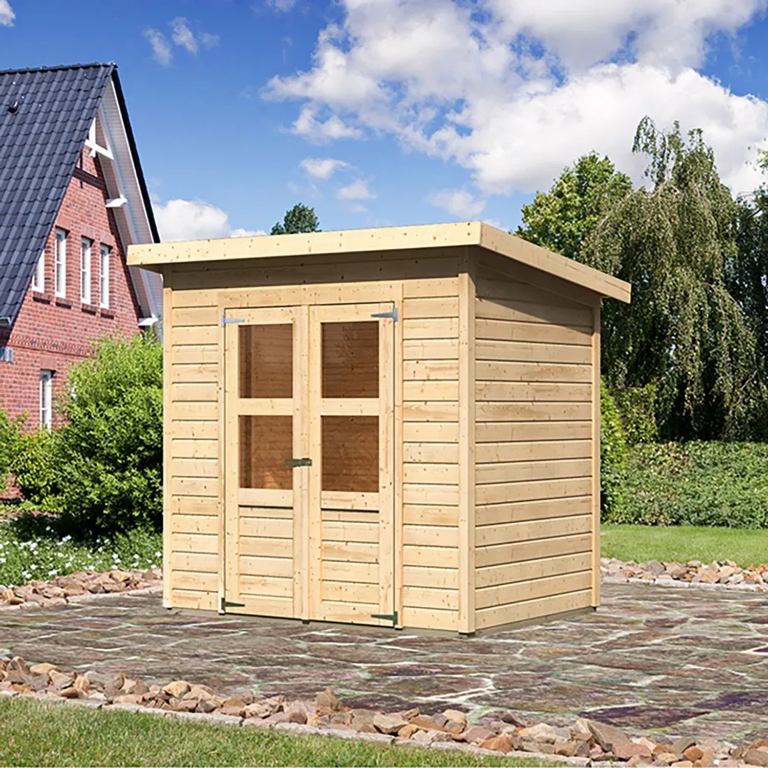 Karibu Holz-Gartenhaus Vellinge, unbehandelt, 208x150 cm. Kompaktes Gartenhaus mit Doppeltür.