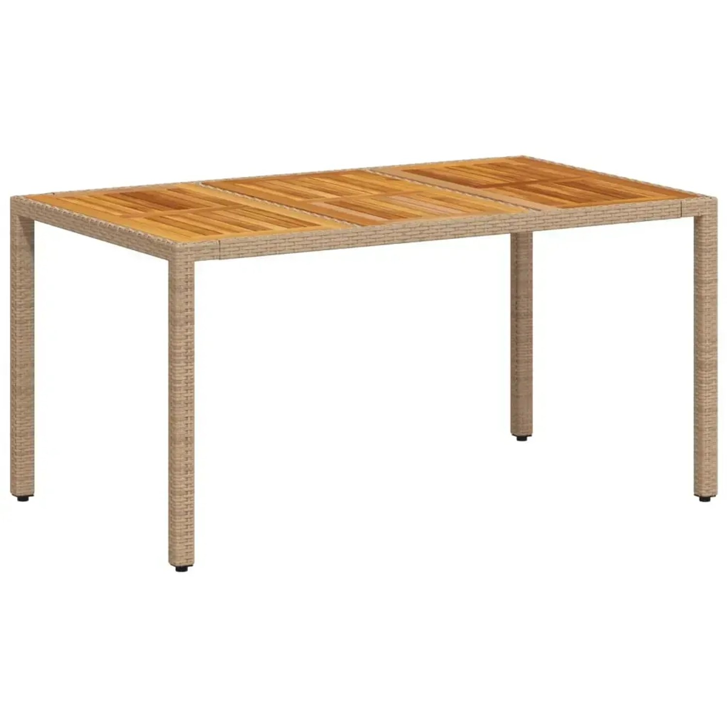 Beiger Gartentisch 150x90 cm aus Poly Rattan mit Akazienholz-Tischplatte.