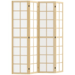 HOMCOM Paravent aus Kiefernholz und Vliesstoff, naturfarben, 4-teilig.