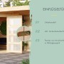 Detailansicht: Karibu Gartenhaus Nürnberg mit einflügeliger Tür, unbehandeltem Holz und Milchglasfenstern.