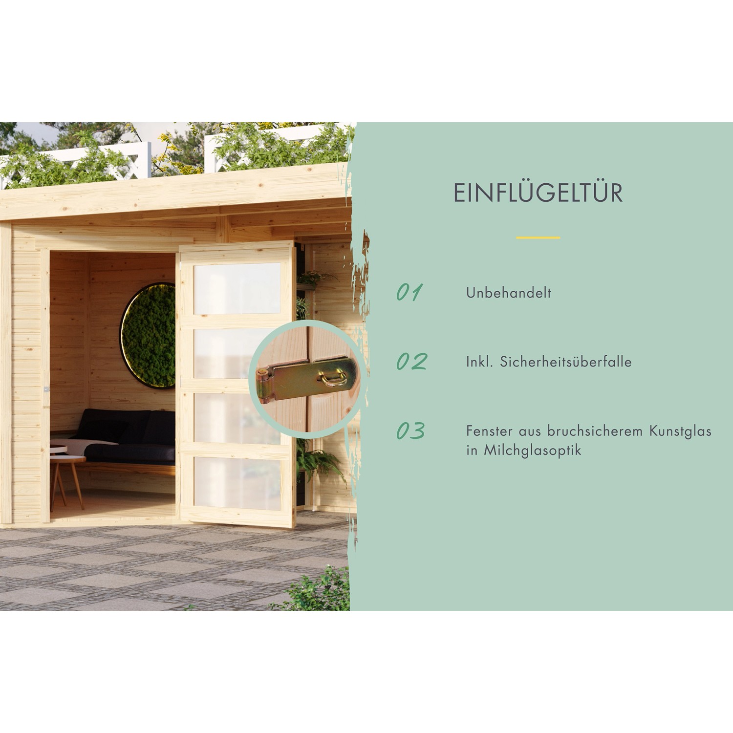 Detailansicht: Karibu Gartenhaus Nürnberg mit einflügeliger Tür, unbehandeltem Holz und Milchglasfenstern.