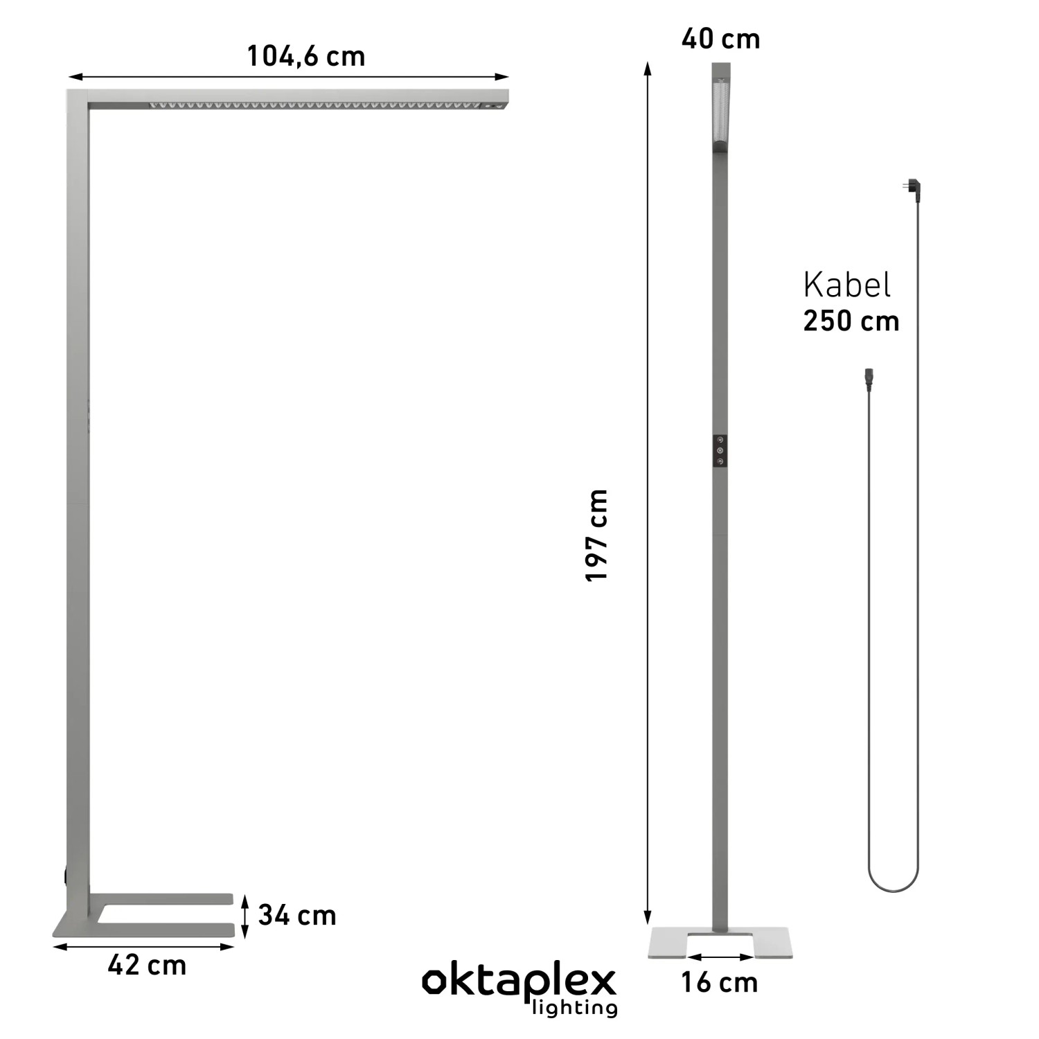 Oktaplex Alva LED Stehlampe, silber, mit Maßen. Dimmbare Büroleuchte mit Sensor und verstellbarer Farbtemperatur.