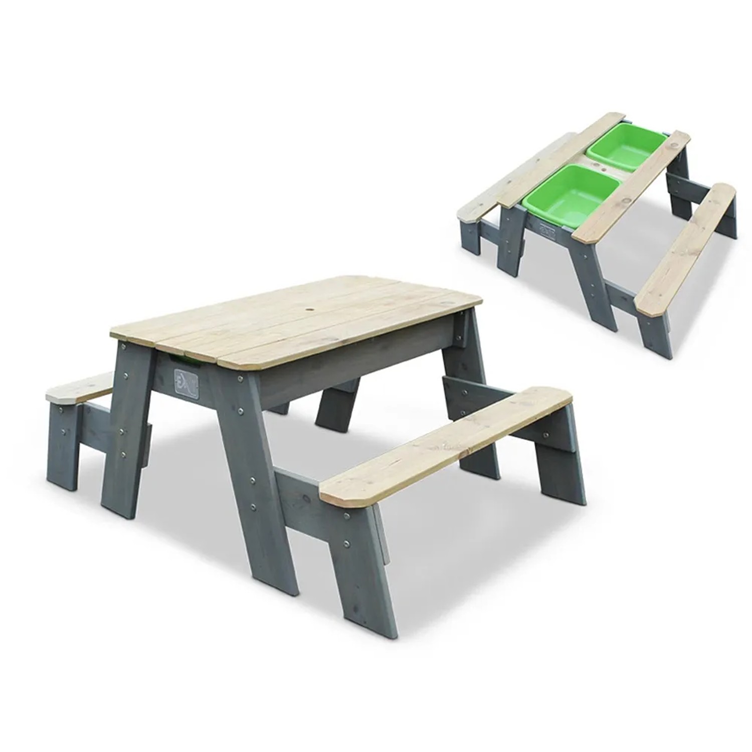 EXIT Aksent Sand-, Wasser- und Picknicktisch mit 2 Bänken aus Holz, grau und natur.