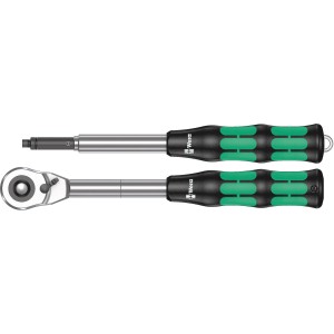 Wera Zyklop Hybrid Umschaltknarren-Set, bestehend aus Knarre und Verlängerung mit grün-schwarzem Griff.