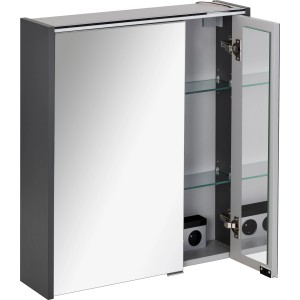 Fackelmann Spiegelschrank Denver, 60 cm, Anthrazit, mit geöffneter Tür und Glasböden.