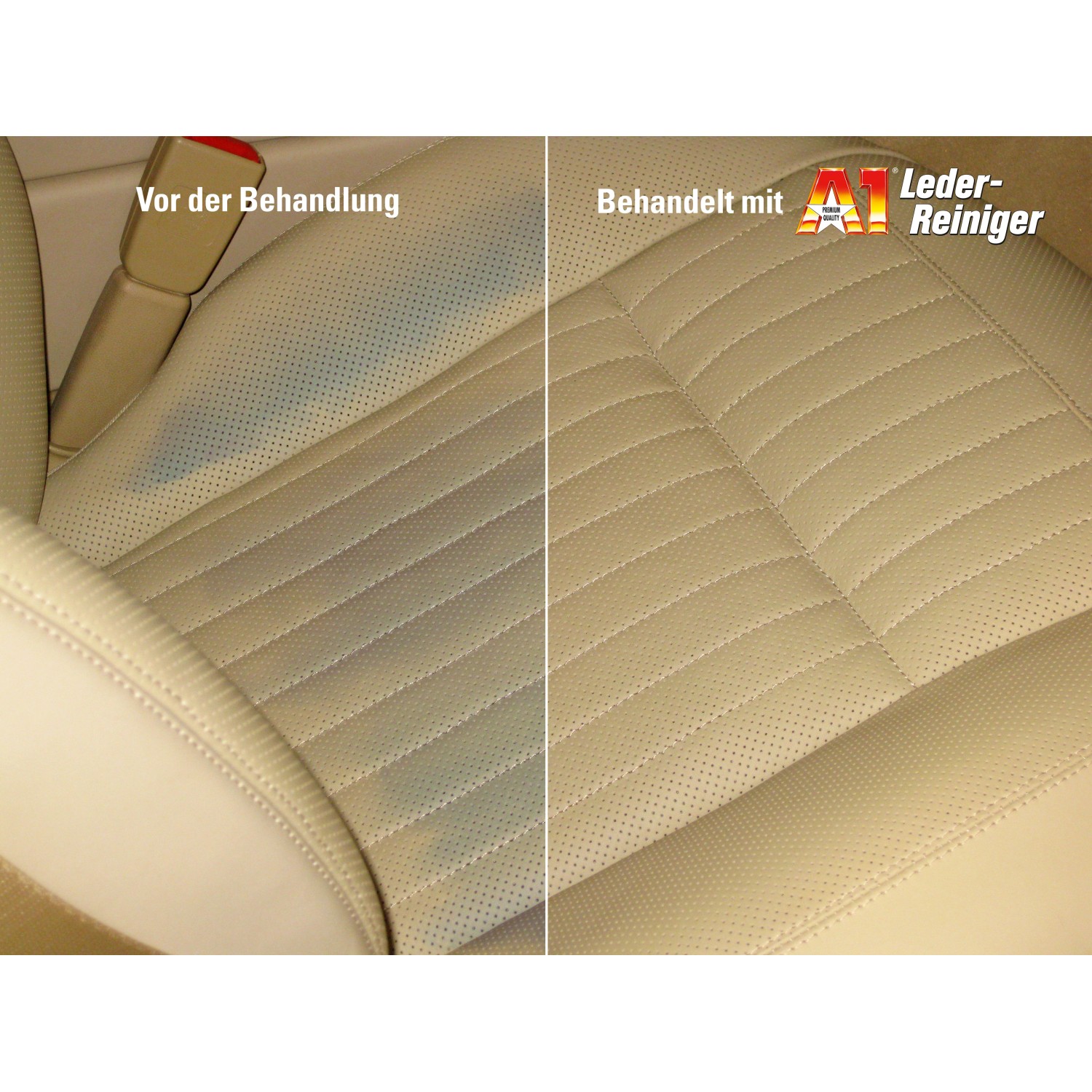 Vorher/Nachher: Lederreinigung mit Dr. Wack A1 für Autositze. Effektive Autopflege für sauberes Leder.