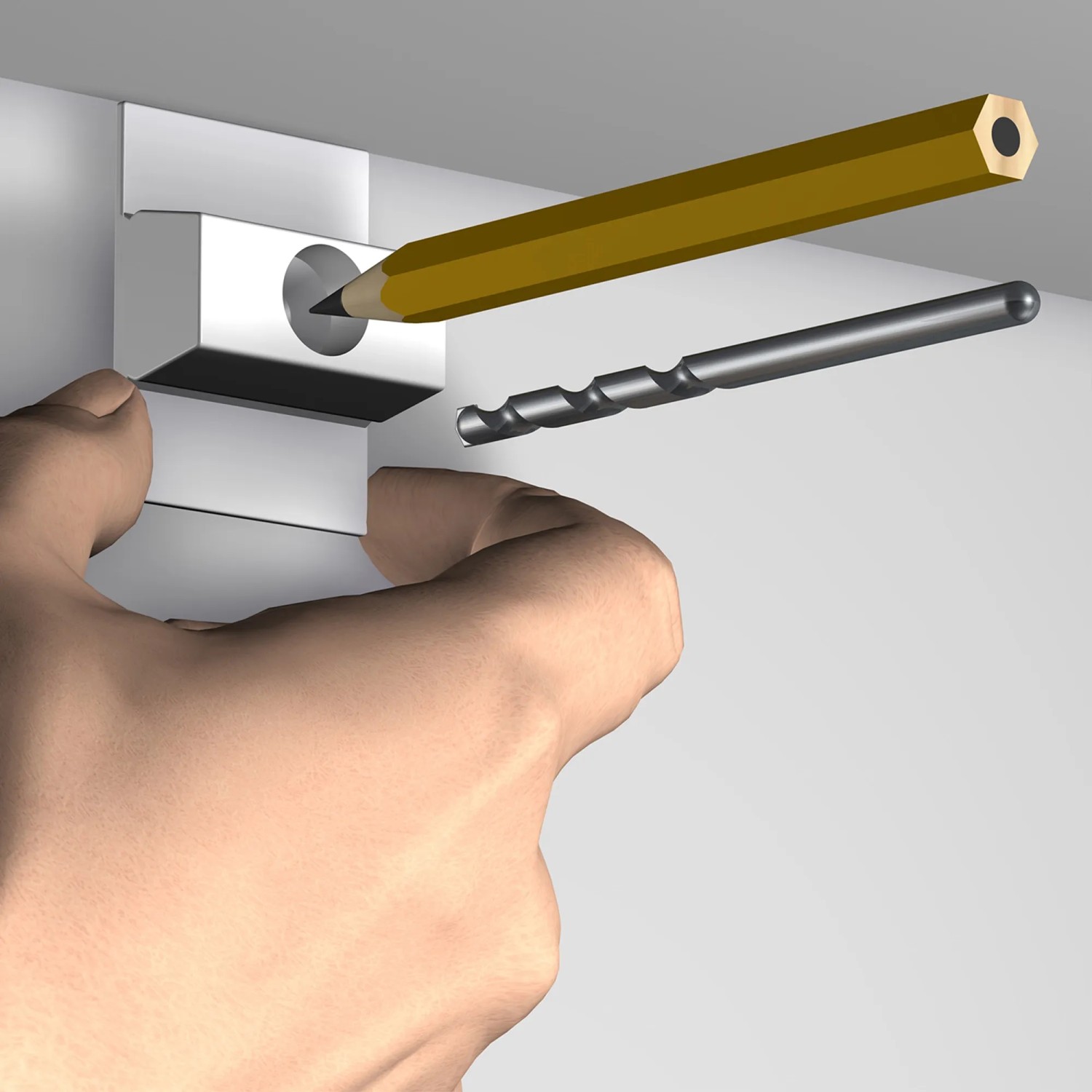 Artiteq Befestigungs-Set für Click Rail: Hand montiert Clip mit Bleistift und Bohrer.