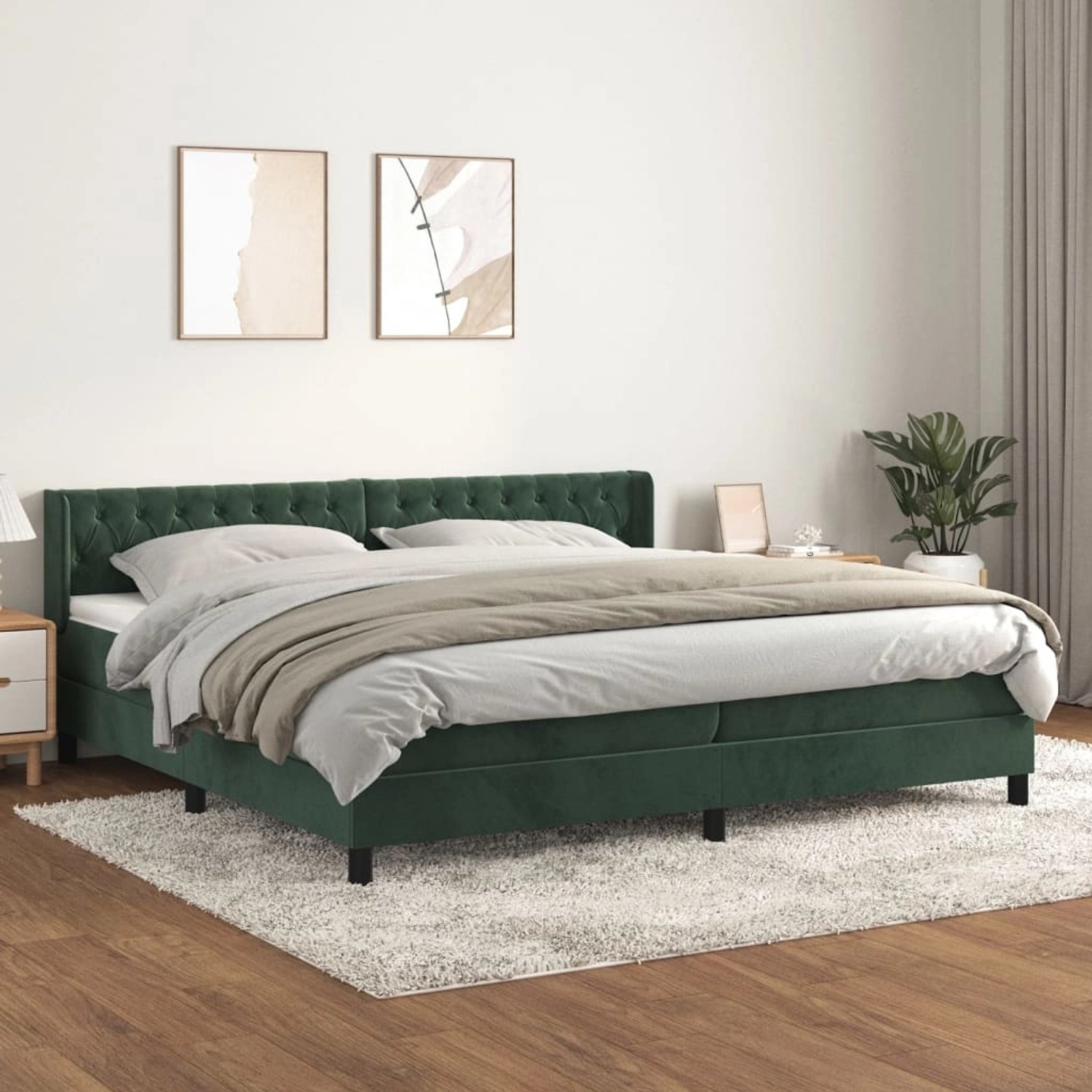 Dunkelgrünes vidaXL Boxspringbett 200x200 cm mit Samtbezug und Matratze.