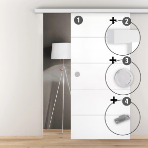 Novadoors Holzschiebetür-Set Ontario Bianco, Weißlack, 4-teilig mit Soft-Einzug. Details zu Türsystem, Griff und Bodengleiter.