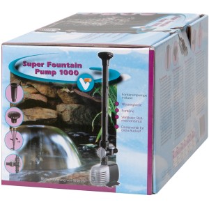 Verpackung der VT Teichpumpe Super Fountain 1000 Liter mit Fontäne.