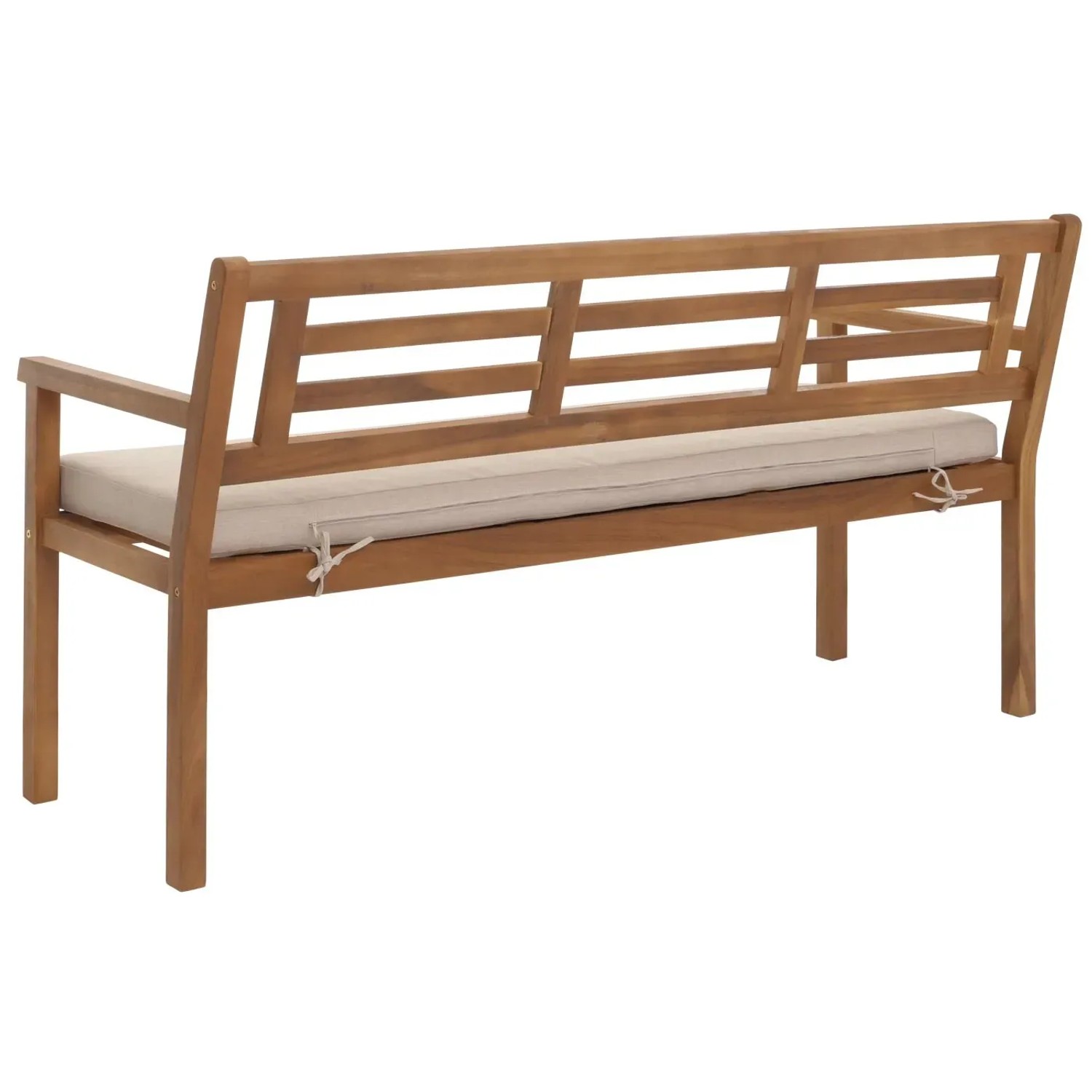 Gartenbank MCW N47 aus Akazienholz mit creme-beigem Kissen.