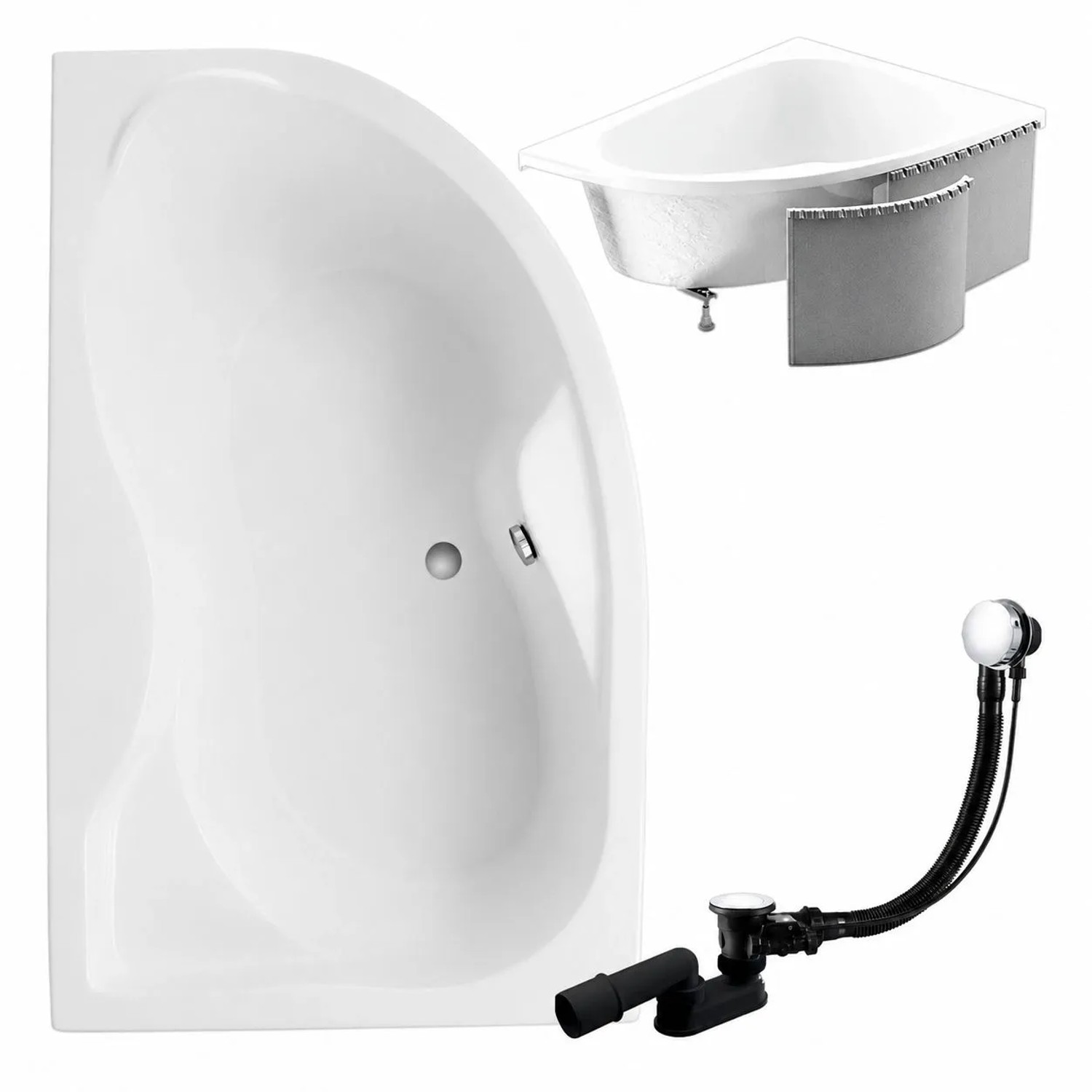 KOLMAN Badewanne Eckwanne 170 x 110 Cm Links Mit Styroporverkleidung Inkl. Ablauf Und Füße