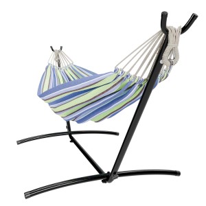 Garmio Hängematte Venedig blau-grün gestreift mit Gestell und Tragetasche.