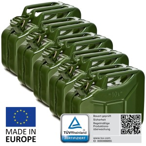 5 olivgrüne 10L Metall Kraftstoffkanister, TÜV-geprüft, für Benzin, Diesel & E10.