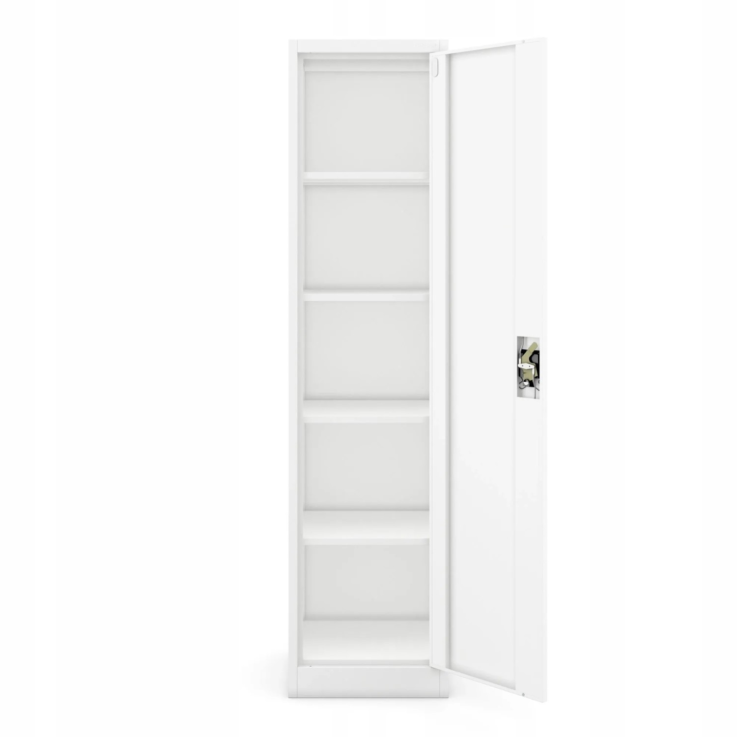Weißer Jan Nowak Aktenschrank ALEX, 185x45x40 cm, mit offener Tür und Einlegeböden.